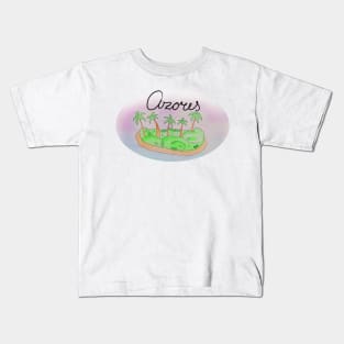 Azores watercolor Island travel, beach, sea and palm trees. Holidays and rest, summer and relaxation Kids T-Shirt